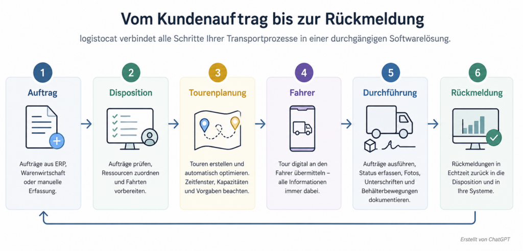 logistocat Prozess: Auftrag, Disposition, Tourenplanung, Fahrer, Durchführung und Rückmeldung