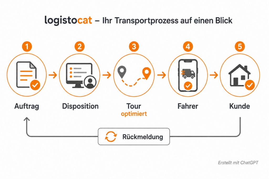 logistocat: Transportation process including orders, scheduling, route optimization, drivers, and customers