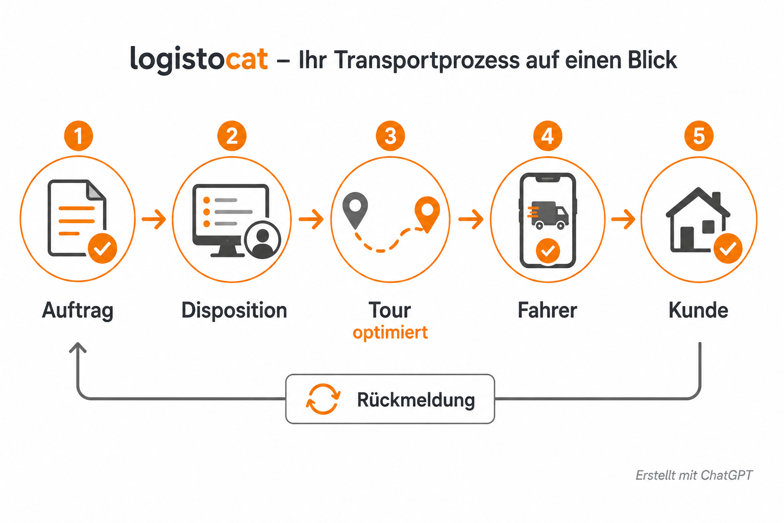 logistocat Transportprozess mit Auftrag, Disposition, Tourenoptimierung, Fahrer und Kunde